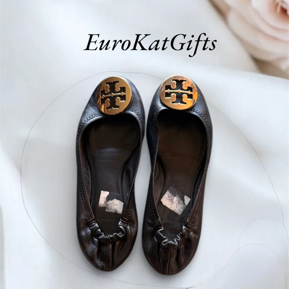 Tory Burch Black Leather Flats with Gold Emblem Gently Pre loved Size 7 M Women
